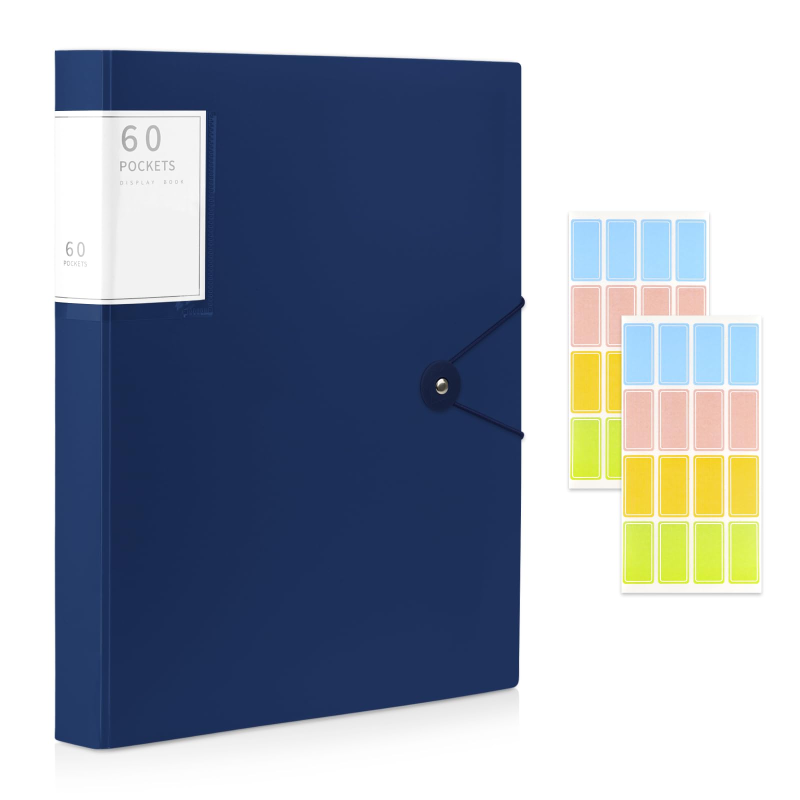 A4 Display Folder, 60 Pockets Display Book Folders, Presentation Folders with Plastic Sleeves & Safety Rope, Suitable for Documents, School, Office & Business Project Use (Dark Blue)