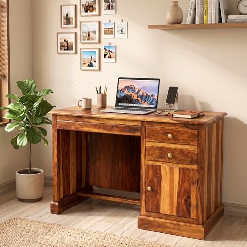 Image of SONA ART & CRAFTS Carmel Lite Solid Sheesham Wooden Study Table for Students Desk with 2 Drawers & 1 Cabinets Study Desk Table Office Table for Work from Home Writing Office Desk (Natural Finish)