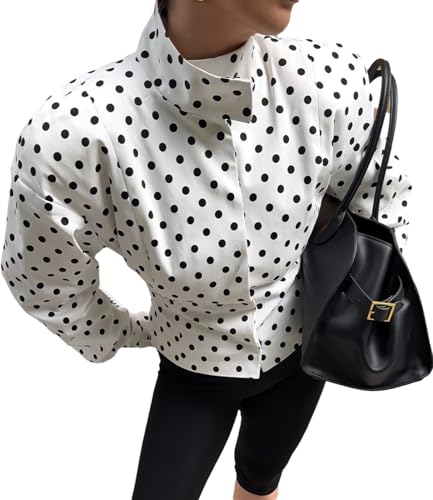 Lunoakvo Womens Polka Dot Print Stand Neck Short Jackets Retro Zipper Lantern Sleeve Streetwear Jackets Outerwear