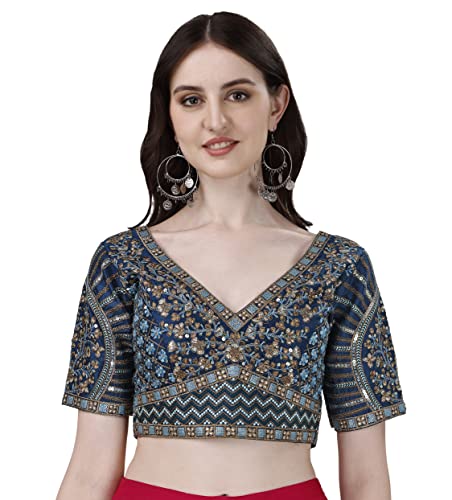 Image of Pujia Mills Mills Women's Fancy Readymade Heavy Coding Embroidary Worked Half Sleeve Multicolor Saree Blouse(Mushroom)