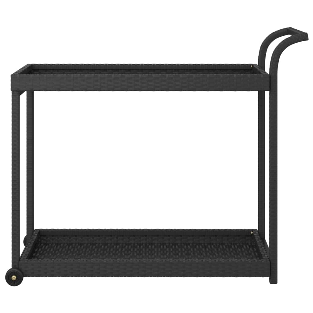 Carrito de bar negro de ratán sintético con marco de acero recubierto de polvo, 4 ruedas, con espacio de almacenamiento y estante para comedor y terraza (100 x 45 x 83 cm), color negro