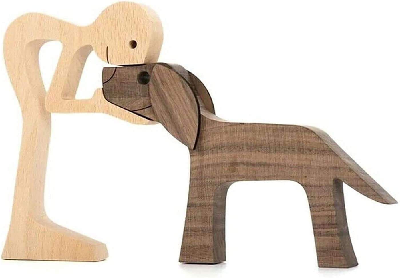 Adornos de madera para cachorros familiares, escultura de artesanía familiar de madera maciza natural, figura tallada a mano, regalos creativos para oficina en casa, escritorio (hombre y perro)