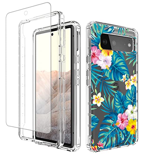 Coque Google Pixel 6 transparente avec motif de fleurs et protection écran en verre trempé