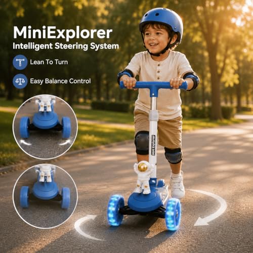 Image of MiniExplorer Zoomie Kids Kick Scooter with LED Wheels, 3 Wheel Scooter for Boys & Girls, Adjustable Height Handle, Foldable Lightweight Scooter for Kids Age 3+ Years - Astro