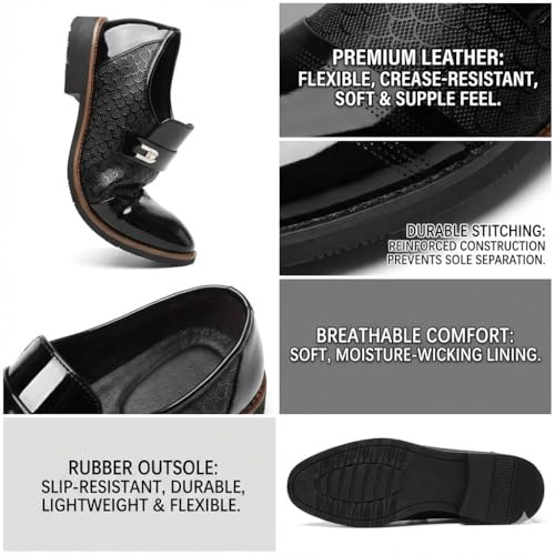 Image of Men's Classic Business Dress Shoes, Oxford Work Formal Shoes, Patent Leather Slip-On Loafers Wedding Dress Shoes