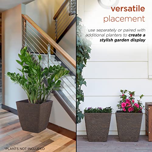 Alpine Corporation Indoor/Outdoor Stone-Look Squared Planter, Medium, Brown (Set Of 2) #TOP4