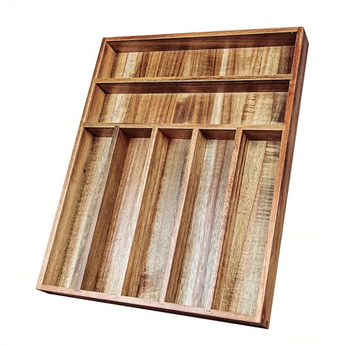Kiteiscat acacia wood silverware organizer, kitchen utensil drawer organizer for on a white background