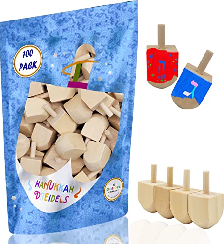 The Dreidel Company Hanukkah Wood Dreidels, Design Your Own Game, DIY 1.5" Inch Unfinished Natural Wooden Chanukkah (100-Pack)
