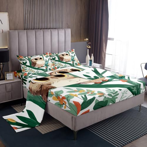 Feelyou Boys Girls Cute Owl Bed Sheets Set Queen Size, 3D Animal Printed Sheet Set Kids Bird Decor Sheets with Deep Pocket Fitted Sheet Cartoon Owls Design Teens Bedding Set Soft Bed Set 4Pcs