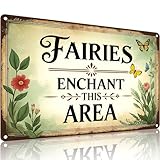 Funnysign Garden Gifts Vintage Fairy Garden Tin Sign – “Fairies Enchant This Area” – Rustic Floral Metal Wall Art for Backyard, Patio, Porch, Greenhouse, or Kids’ Fairy Garden Décor, 8×12 Inch (9817)