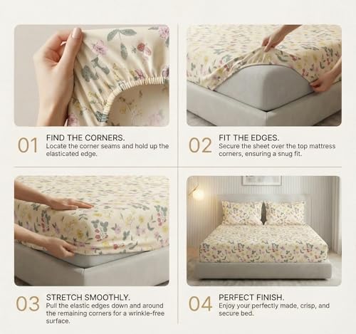 Image of VAS COLLECTIONS 300 TC Premium Cotton Fitted Bedsheet Set Double Bed 78x72+10 Inch | Soft Breathable Sheet with 2 Pillow Covers | Luxury Printed Bedding | Elegant Durable Bed Linen (Spring Ivory)