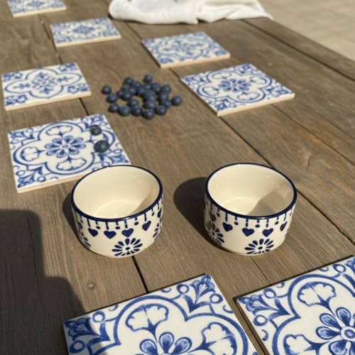 Image of Indigo Blossom 2-Piece Ceramic Dipping Bowl Set Housewarming Gifts - Microwave & Dishwasher Safe