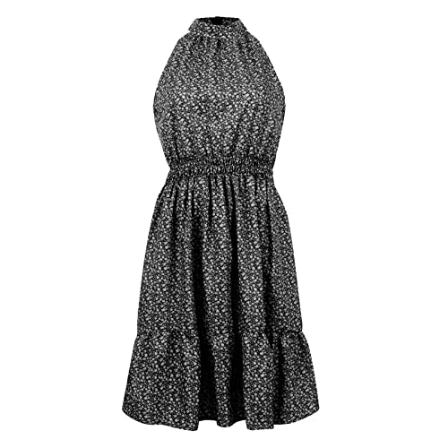 Women's Summer Floral Halter Dresses - Sleeveless Backless Vintage Boho Ruffle Belt Sexy Short Dresses Black #TOP3