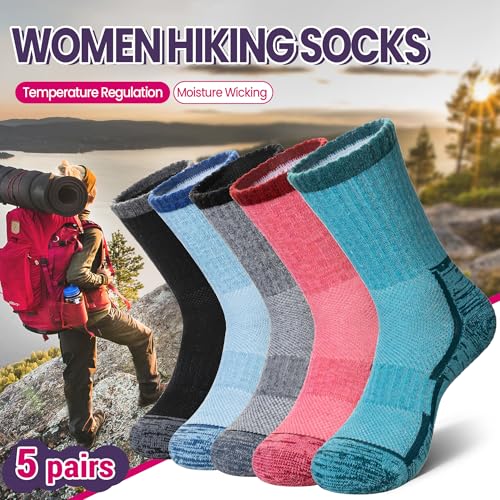 DoSmart Merino Wool Hiking Socks for Women Thermal Winter Warm Moisture Wicking Boot Work Cushion Gift Socks 5 Pairs2