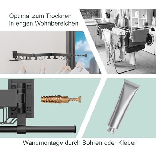Relaxdays Wäscheständer Wandmontage, klappbar & rotierbar, HxBxT: 12 x 127 x 26 cm, platzsparender Wandtrockner, schwarz