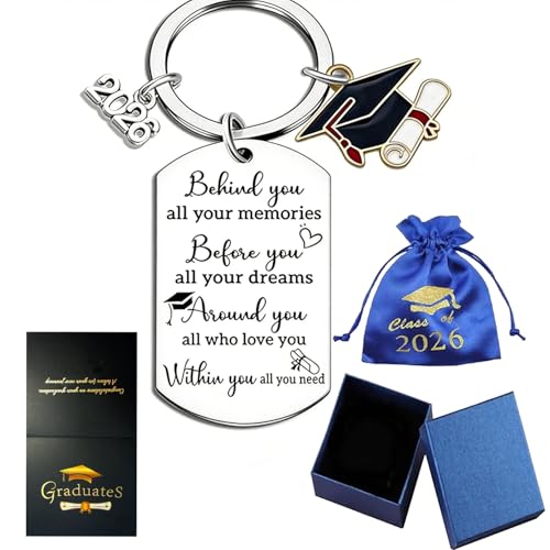 TrustBlai 2026 Graduation Gifts Keychain with Poem College Send-off Care Package for New Grad Class of 2026 Senior Gift for Her Him Black Card Blue Velvet Pouch & Gift Box
