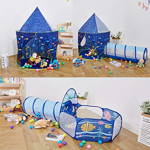 LOJETON 3pc Ocean World Kids Play Tent, Tunnel & Ball Pit with Basketball Hoop for Boys, Girls and Toddlers - Indoor/Outdoor Playhouse, Lightweight, Easy to Setup
