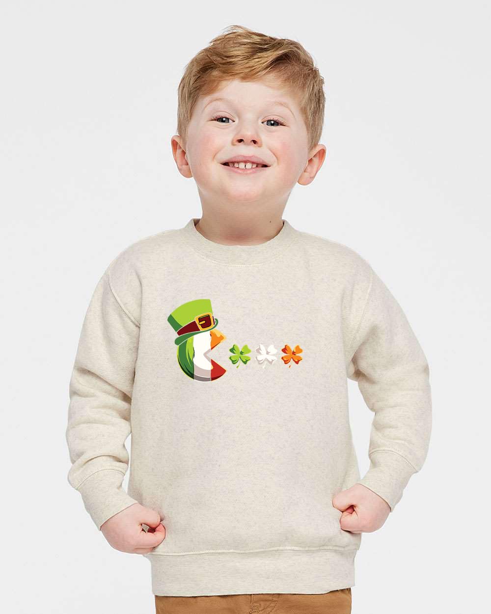 KLATCH St Patrick's Day Pacman Game Clover Quality Top Toddler Crewneck Sweatshirt - Comfy Holiday Tee Clover Shirt for Kids (US, Age, 5 Years, Natural)