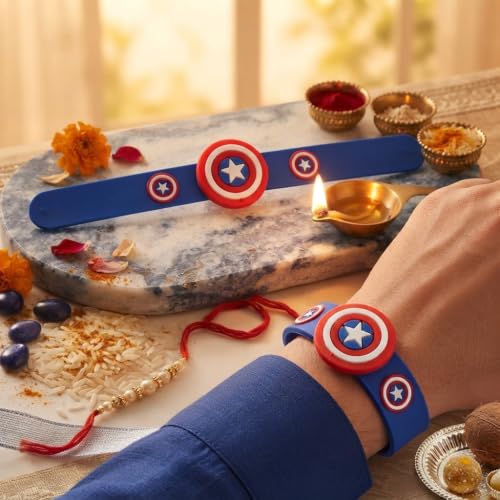 Image of Marvel Captain America Slap Band Rakhi and Friendship Band | Officially Licensed | Rakhi for Boys, Bhaiya, Bhai | Raksha Bandhan Gift