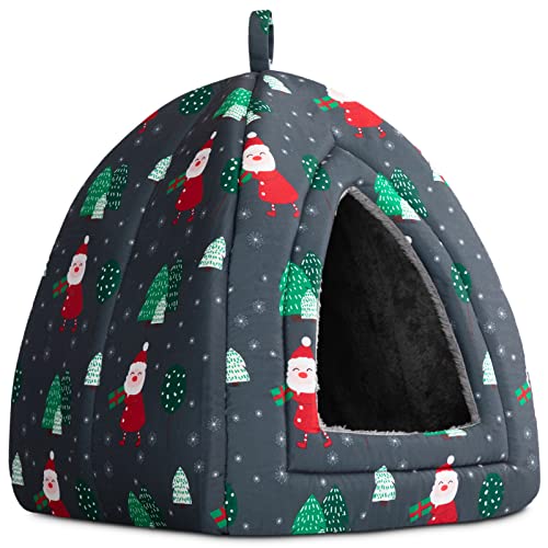 Hollypet Self-Warming 2 in 1 Foldable Comfortable Triangle Cat Bed Tent House, Gray Santa