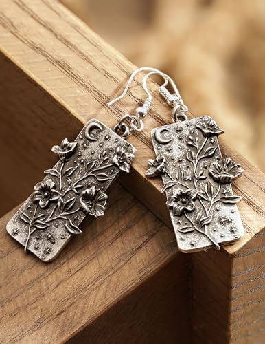 HAQUIL Vintage Antique Garden Night Floral Flower Crescent Moon Rectangle Dangle Drop Earrings Jewelry Gift for Women4