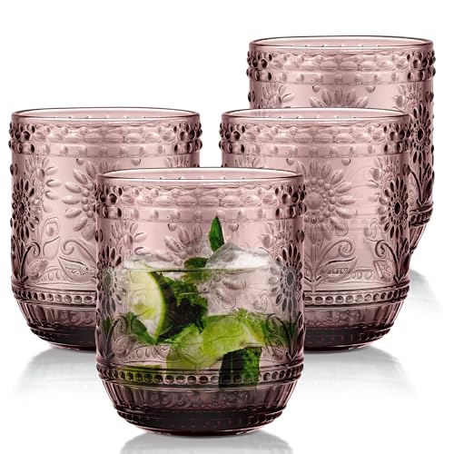 Joeyan Water Glasses Drinking Set of 4, 360ml Ribbed Highball Glasses Coloured Crystal Glassware for Juice Cocktail Beverages Whiskey Beer Water Tea Modern Gift, Purple
