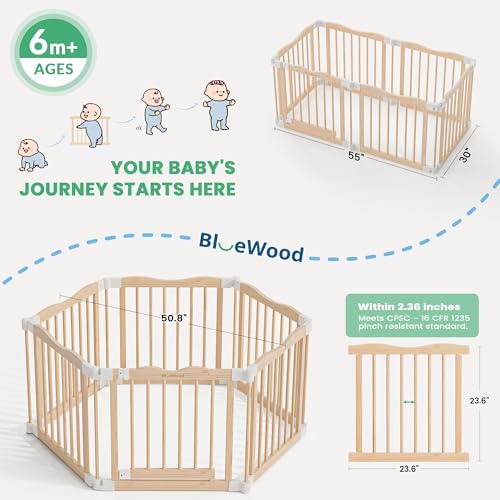 Image of Foldable Wooden Playpen - Adjustable Wood Baby Play Yard with Door, Indoor Large Safety Fence for Babies and Toddlers - Easy Assembly, Natural, 55 x 30 x 24 inches