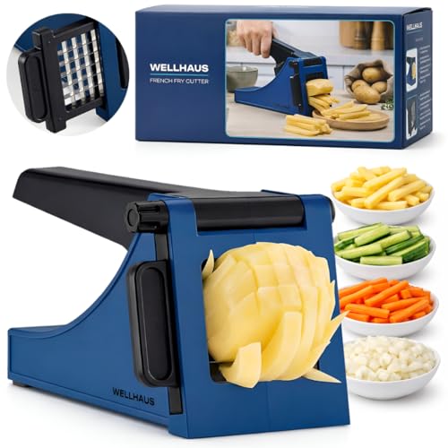 WELLHAUS Coupe-Frites - Trancheuse de Pommes de Terre en Acier Inoxydable avec support, Coupe-frites Manuel Multifonction pour Frites Maison, Fruits et Légumes