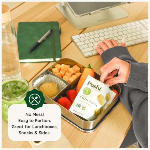 Image of Poshi Green Olives On-The-Go - Original Flavor - Single Serve Pitted Olives - Convenient and Healthy Snack Packs - All Natural, Non-GMO, Kosher, Gluten-Free (Original, 33 Ounce (Pack of 30))