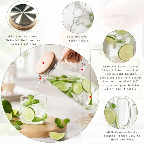 Image of Glass Water Kettle Water Teapot Glasses Container 1500ml Glass Water Pitcher With Bamboo Lids
