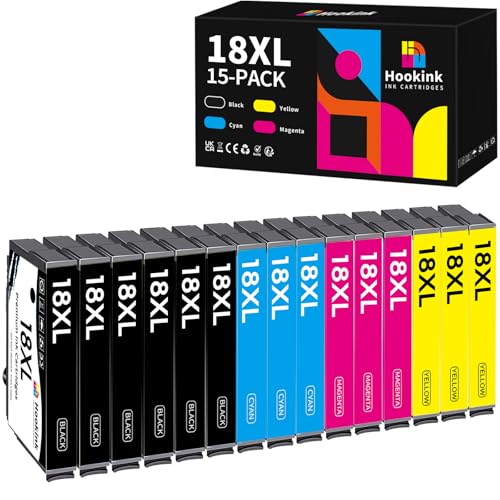 Hookink 18XL 18 XL Cartuchos de Tinta Compatible para Tinta Epson 18XL para Epson XP-215 XP-205 XP-225 XP-212 XP-305 XP-312 XP-315 XP-322 XP-325 (15-Paquetes)