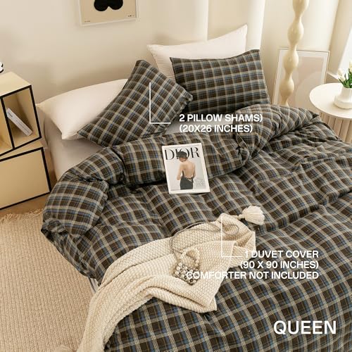 Image of ECOCOTT Buffalo Plaid Duvet Cover Queen Size - 3 Piece Washed Cotton Brown & Blue Bedding Set, Soft & Breathable, Reversible Checkered Design with Zipper Closure & Corner Ties