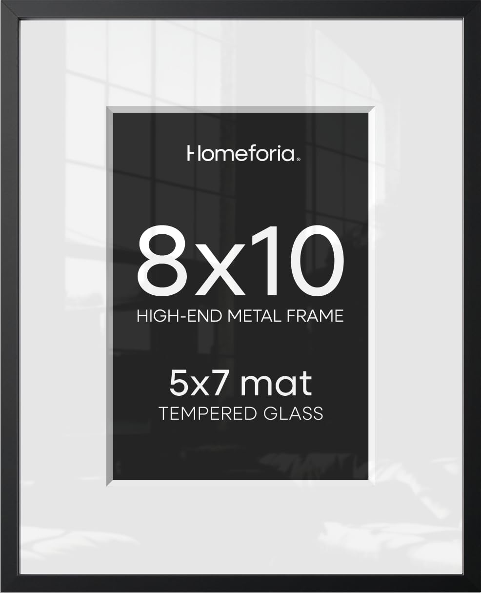 Homeforia 8x10 Black Picture Frame, High-End Metal, 5x7 Mat, Glass