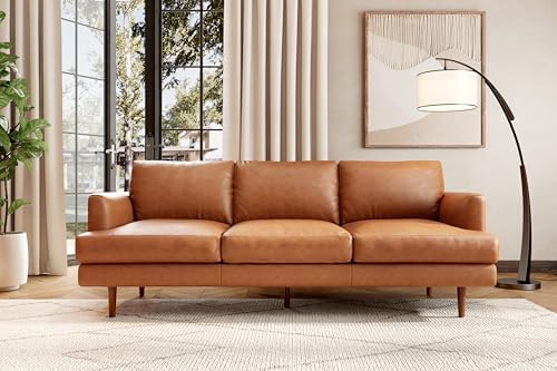 Valencia Grosseto 87” Cognac Tan Brown 3 Seater Full Leather Sofa | Mid Century Italian Nappa Leather Couch for Living Room Furniture | Double Stitched Seams, Removable Cushions - Thumbnail 2