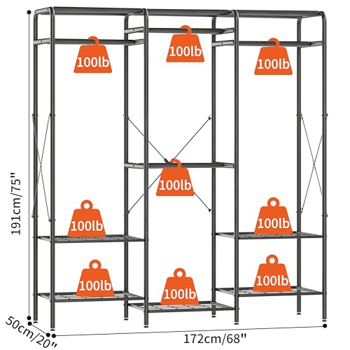Heavy Duty Clothes Rack for Hanging Clothes, Free Standing Wardrobe Organizer with Rods & Shelves