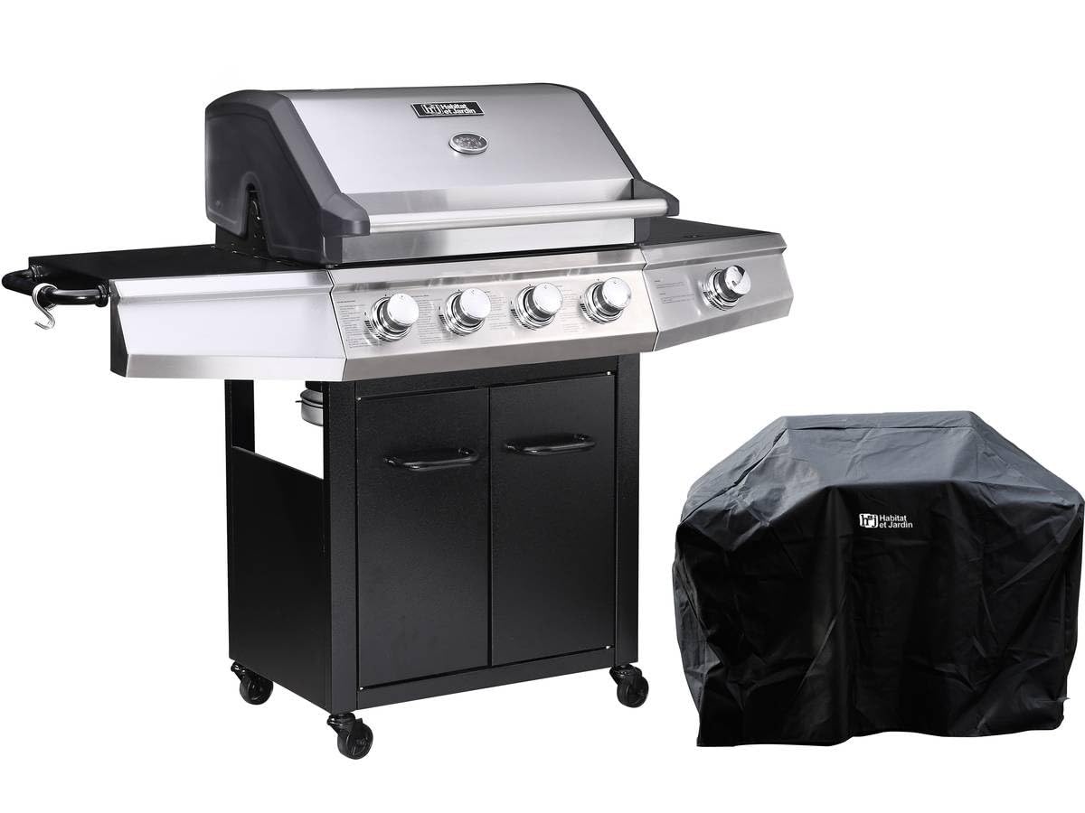 Barbacoa a gas Bingo 5-​5 quemadores (1 lateral) - 15.2kW + Funda de protección - Negro