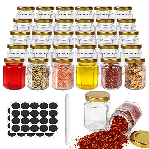 SHiZAK Lot de 30 bocaux hexagonaux en verre de 90 ml avec couvercles dorés - Bocaux en verre transparents pour conserves - Pots à miel, pots à épices,...