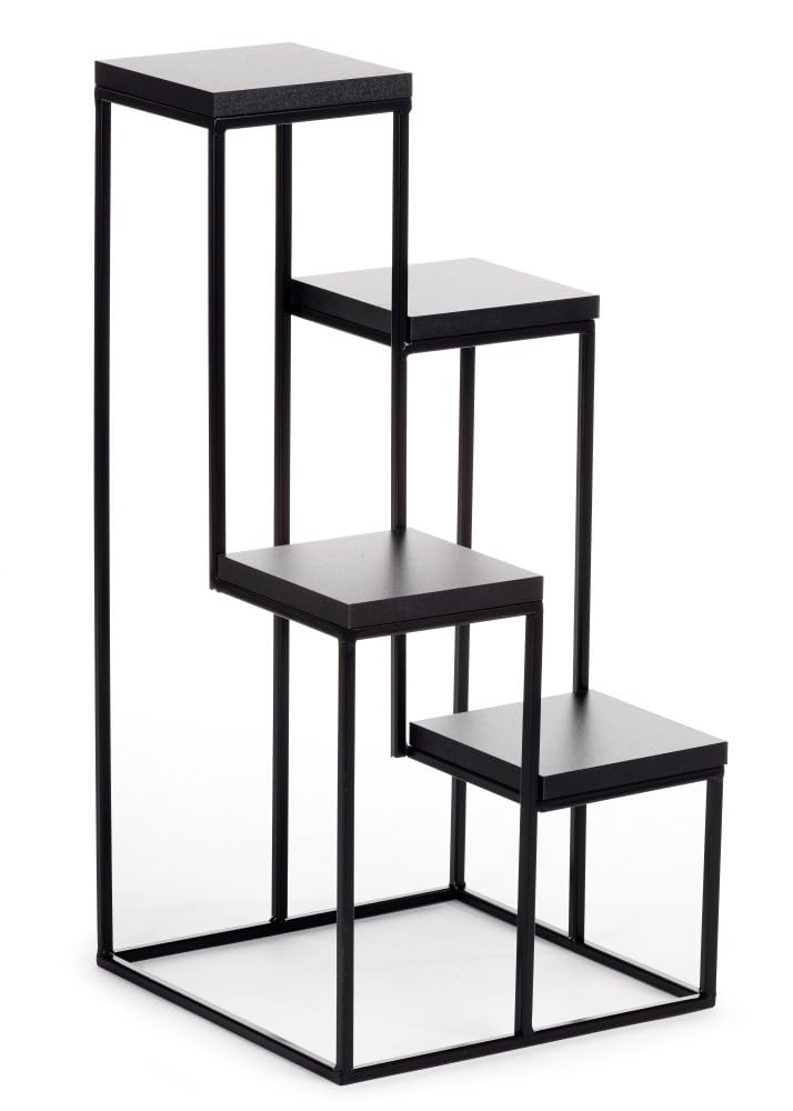 4 Etagen Blumentreppe - Metall Pflanzentreppe 70 cm Hoch - Blumenregal mit MDF-Platten in Schwarz für 4 Blumen - Blumenständer für die Innendekoration