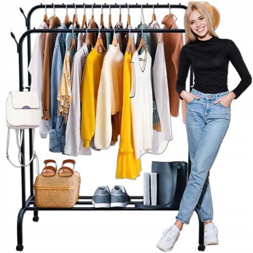 KRUMAD Portemanteau sur roulettes 154x110x57,5 cm - Avec double tringle et étagère à chaussures – Portemanteau roulant noir – Portemanteau stable en...