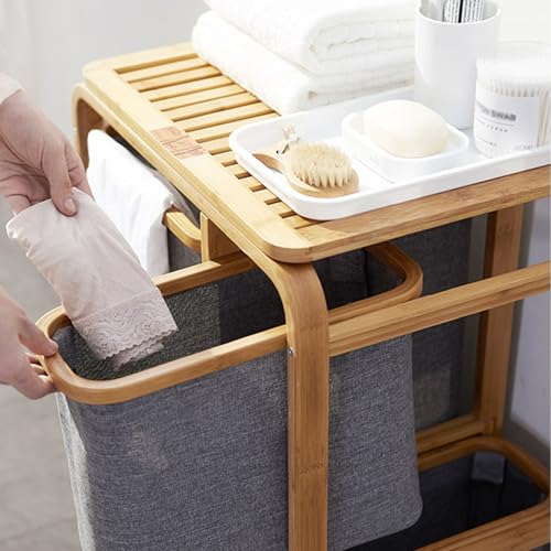 Cesto portabiancheria in bambù con 3 scomparti scorrevoli, struttura in legno resistente, cesto pieghevole per camera da letto e bagno, grigio e bianco