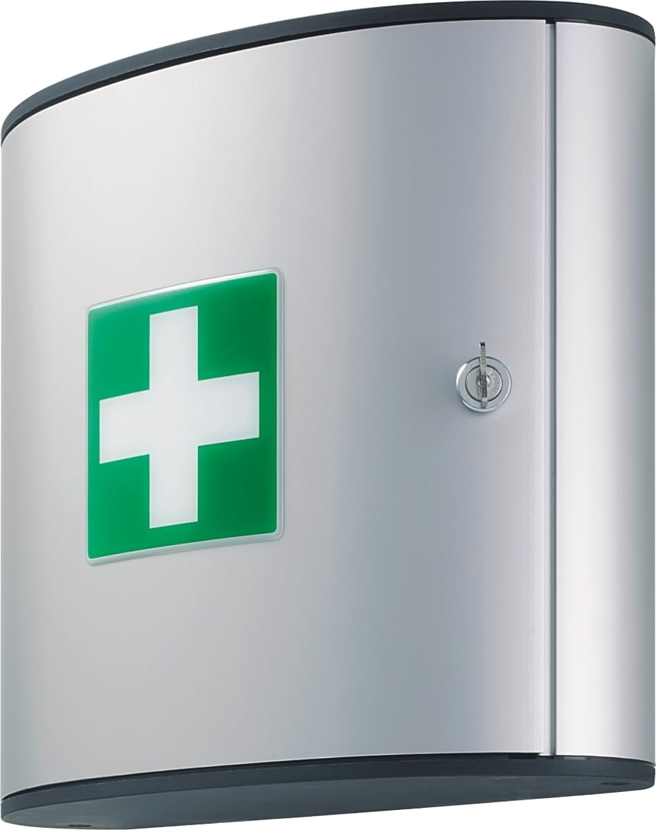 Durable 197023 - First Aid Set M, cassetta pronto soccorso con serratura, con contenuto, 302x280x118 mm (LxHxP), argento metallizzato