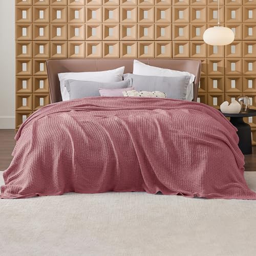 Bedsure COTTON BLANKET-SOLID-WAFFLE 100% Cotton Blanket Queen Size For Bed - Waffle Weave Fall Blanket, Lightweight And Breathable Soft Woven Blanket For Summer, Dusty Rose Pink thumb #2