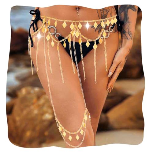 JEWEKY Layered Sequin Waist Belt Chain Gold Tassel Leg Chain Rave Party Club Body Accessories for Women - Main Image