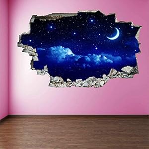 Muurstickers 3D Spiegelweergave Doorbreken De Muur Vinyl Muurstickers Verwijderbare DIY Vinyl Muurstickers Maan en…