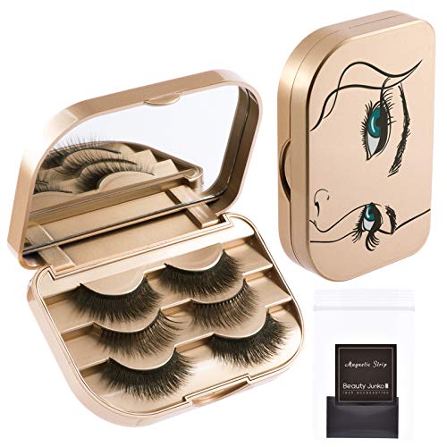 Upgrade Magnetic False Eyelash Storage Case Organizer, Magnetic Strip Lashes Book Holder Travel Organizer with Makeup Mirror, Lash Case Container, False Eyelash Box Bag (Champion Gold, 1PCS)