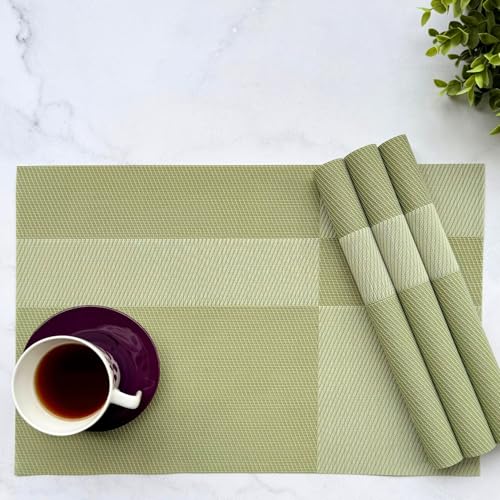 Image of Livmodern Premium PVC Dining Table Placemats | Woven PVC Table mats | Anti Skid Designer mats | Wipeable & Washable Set of 4-Olive Grid