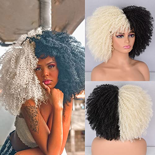 Lizzy Short Afro Kinky Curly Wigs with Bangs for Black Women 14" African Synthetic Glueless Heat Resistant Fluffy Bomb Curly Hair Wig ( Black with White)