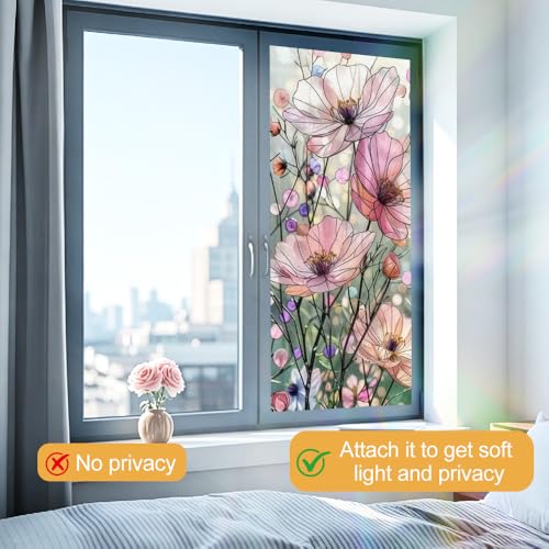 Image of Pink Cosmos Floral Stained Glass Window Film 17.32x39.37in