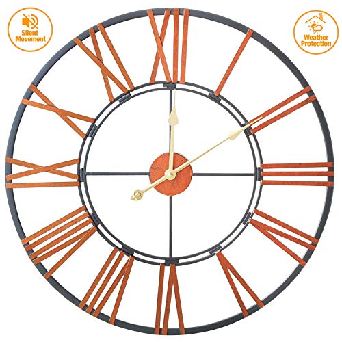 Klass Home Collection - Reloj de Pared para Interior y jardín con números Romanos Grandes, diseño de Esqueleto, Color Negro, Hierro, Negro y Oro Rosa, 70 CM Black & Rose Gold