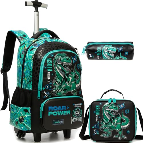 Meetbelify Mochila infantil com rodinhas para meninos e meninas do ensino fundamental, Dinossauro 02, 16.5'X11.8'X7.8' (Main Backpack), 9'X8.2'X3.9' (Lunch Bag), Clássico, personalizado